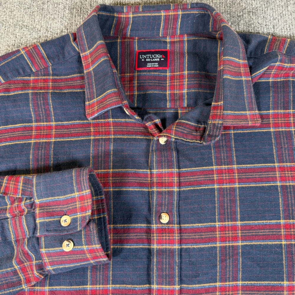 UNTUCKit Rosato Flannel Shirt Mens XXL Navy Red Plaid Cotton Button Down #3795